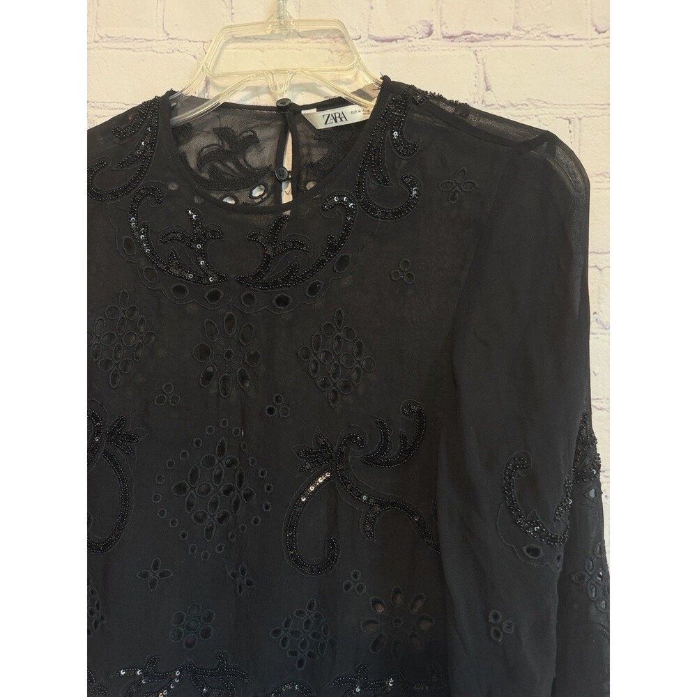 Zara ZW Collection Black Embroidered Beaded Blouse M Chiffon Sequin Crop Top - Picture 2 of 11